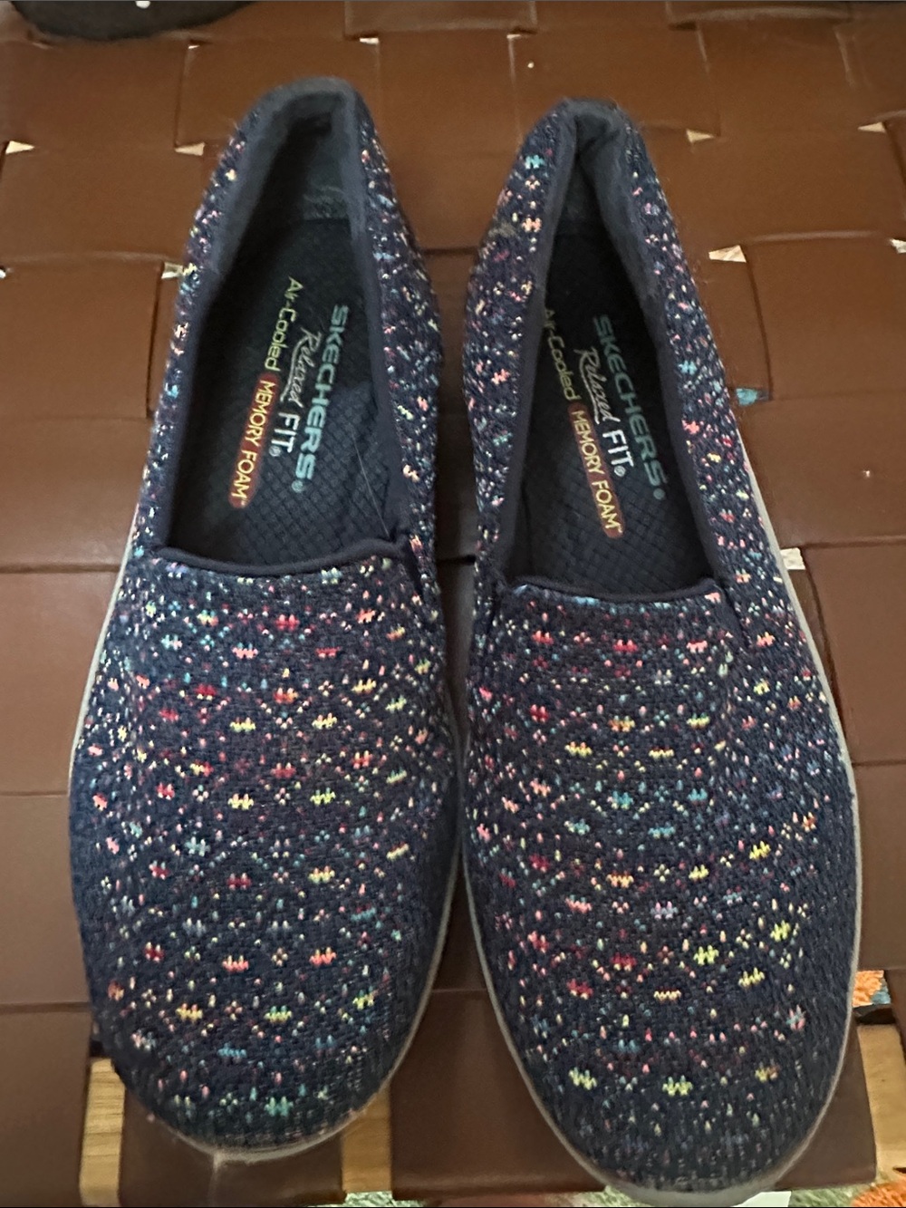 Skechers Navy Slip-On Knit Sneakers with Multicolor Speckles
